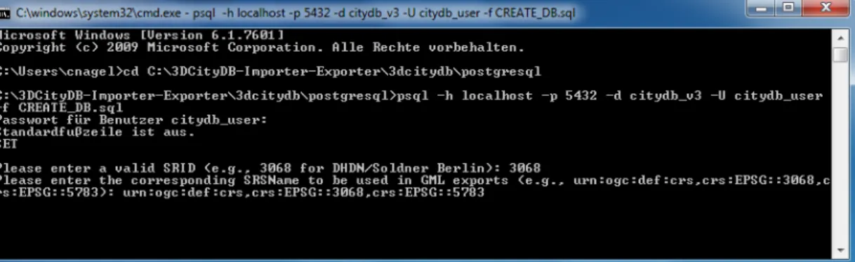 Figure 55: Example user input when executing CREATE_DB on a PostgreSQL database.