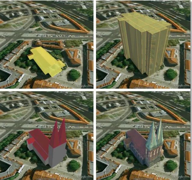 Figure 69: The same building displayed as (top down and left to right) footprint, extruded, geometry,  COLLADA