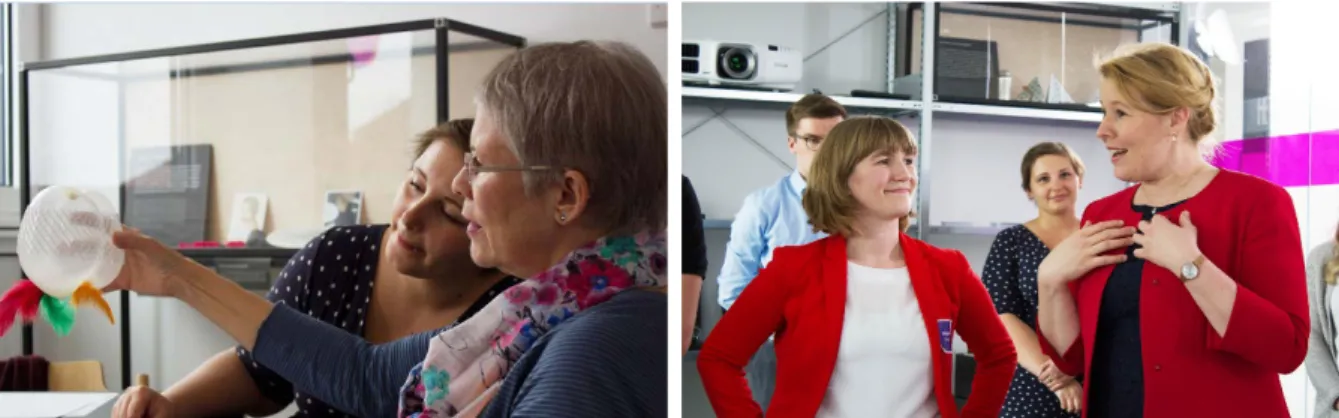 Abbildung 2 Impressionen aus den Werte-Laboren: Arbeit mit dem Material (links), Besuch der Bundesministerin Dr