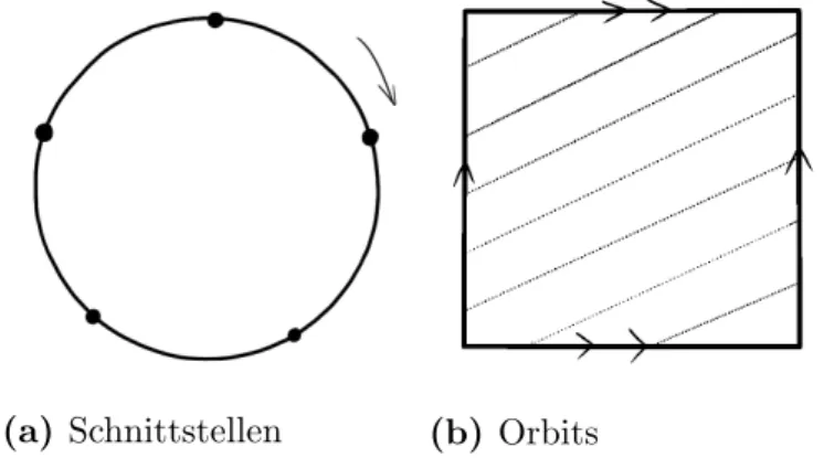 Abb. 1: Schnittstellen mit der ω 2 -Achse und Orbits auf dem Torus im Fall ω 1 = 0 oder ω 2 /ω 1 ∈ Q