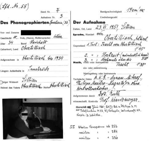 Abb. 2: Aufnahmeprotokoll einer Sprachaufnahme aus Sillian von einer gebürtigen Ober- Ober-tilliacherin aus dem Jahr 1951 (Korpus „Österreichische Dialektaufnahmen im 20