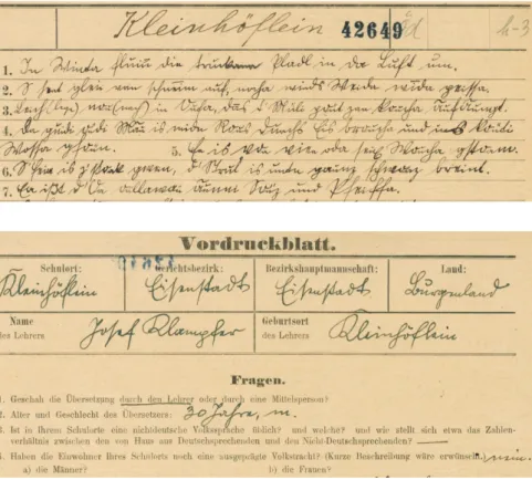 Abb. 1: Vorder- und Rückseite (jeweils Ausschnitt) eines Wenkerbogens aus Kleinhöflein  (Eisenstadt im Burgenland); publiziert auf: www.regionalsprache.de.
