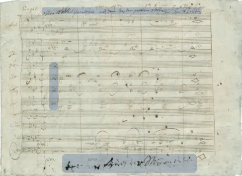 Abbildung 7 zeigt die sorgfältig be- be-titelte erste Seite des Autographs  der 4. Sinfonie: Links oben steht die  Tempo bezeichnung „Adagio“, in der  Mitte „Sinfonia quarta“, daneben 