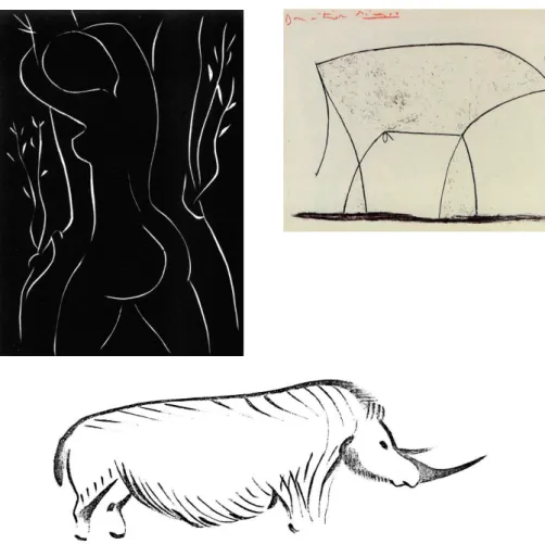 Abb. 1. Strichzeichnungen: oben, links: Henri Matisse „Pasiphaé, einen Ölbaum um- um-armend“, 1944 in „Pasiphaé-Chant de Minos&#34;, Henri de Montherlant, Paris, Martin   Fabiani; oben, rechts: Pablo Picasso, Stier, 1946