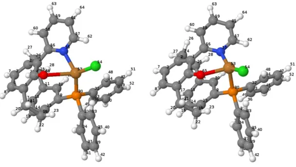 Abb. 16: optimierte Grundzustandsgeometrie (S 0 ) (links) und optimierte Triplettzustandsgeometrie                             (T 1 ) (rechts) mit Atomnummern (Fluor 65, Farbe Rot) des durch ein Fluor-Atom substituierten                               Molek