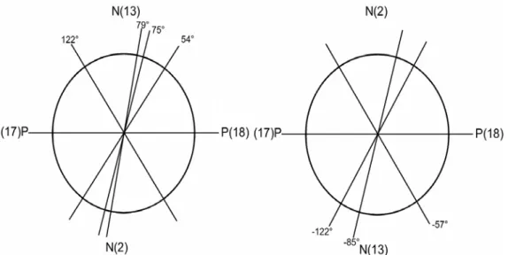 Abb. 7) Schema des Interplanarwinkels  bei Zentrierung auf  den Kreuzungspunkt des NN-Abstandes mit dem PP-Abstand