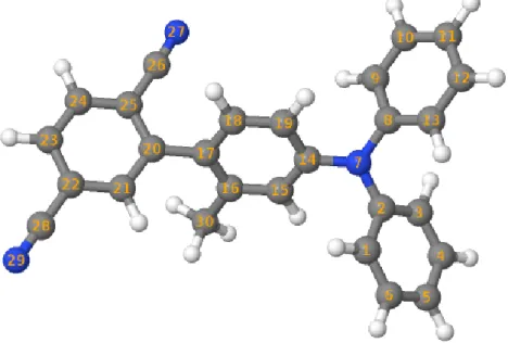 Abbildung 5: S 0 -Struktur der Methylverbindung mit Atomnummern. Koh- Koh-lenstoff in grau, Stickstoff in blau und Wasserstoff in weiß