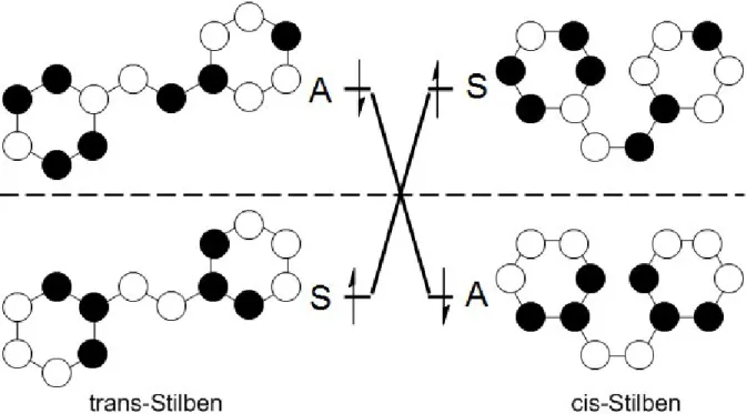 Abbildung 1.3: Orbitalkorrelationsdiagramm von Stilben für die symmetrieerlaubte Umwandlung im elektronisch angeregten Zustand