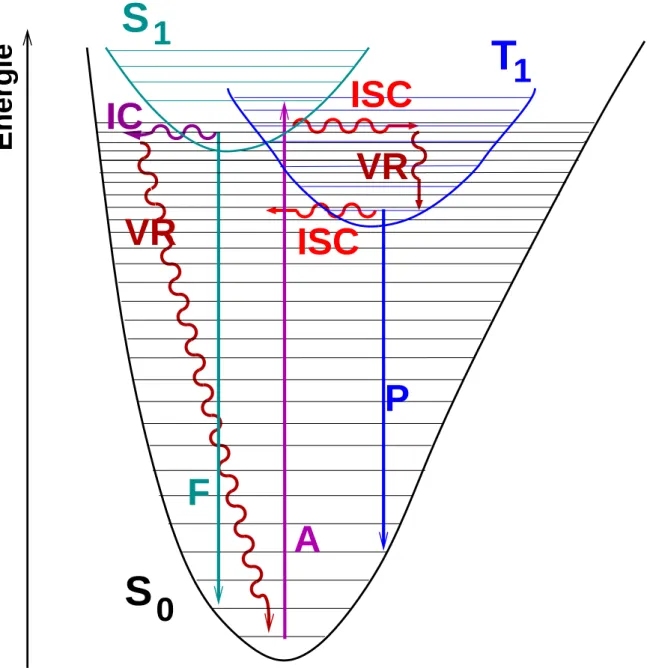 Abbildung 3.1: Jablonski-Diagramm: SchematischeDarstellung der Potentialkurven des Grundzustands (S 0 ), des ersten angeregten Singulettzustands (S ! 1) und des ersten angeregten Triplettzustands (T 1 )