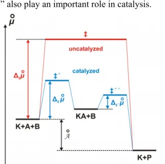 Figure 2. Influence of a catalyst K on the potential barrier (The faster rate of  formation and decomposition of the intemediate substance KA compared with the  uncatalyzed reaction can be explained by lower potential barriers.)