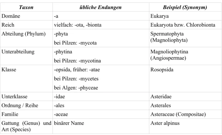 Tabelle 1 - Botanische Nomenklatur