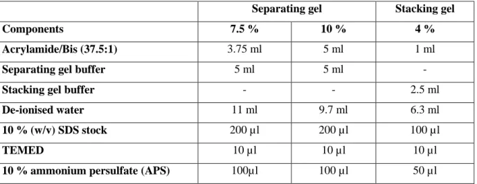 Table M8. Composition of 2 SDS-PA gels, respectively. 
