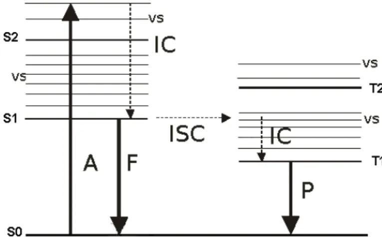 Figure 3.3: Jablonski diagram: S0: ground state, S1: singlet state, vs: excited vi- vi-brational state, T1 and T2: triplet states, A: absorption of a photon, IC: