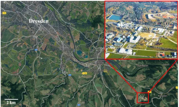 Figure 1.1: Geographic localization of the former uranium mining site Königstein (adapted after maps.google.de [access 03.11.2017 10:00]), with overview (red square) of the former mining site (picture library Wismut GmbH)