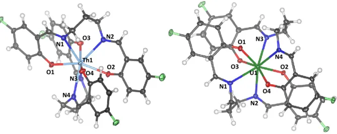 Abbildung  9:  Kristallstrukturen  der  beiden  [M(fsalpn) 2 ]-Komplexe.  Thorium –  Hellblau,  Uran -  Grün,  Sauerstoff -  Rot,  Stickstoff - Blau, Kohlenstoff - Grau, Wasserstoff - Weiß, Fluor - Hellgrün
