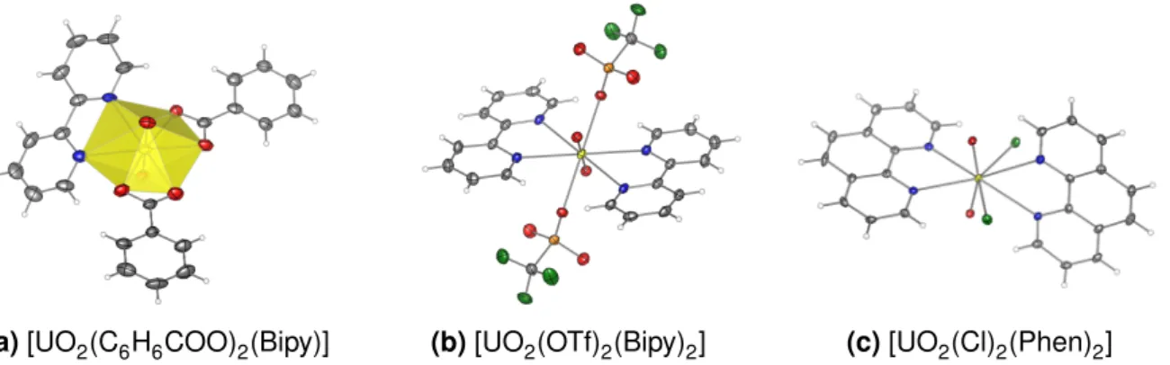 Figure 2.3: Selected bipyridine and phenanthroline complexes of U(VI). A typical uranium bipyridine complex with its hexagonal coordination sphere is shown in (a)