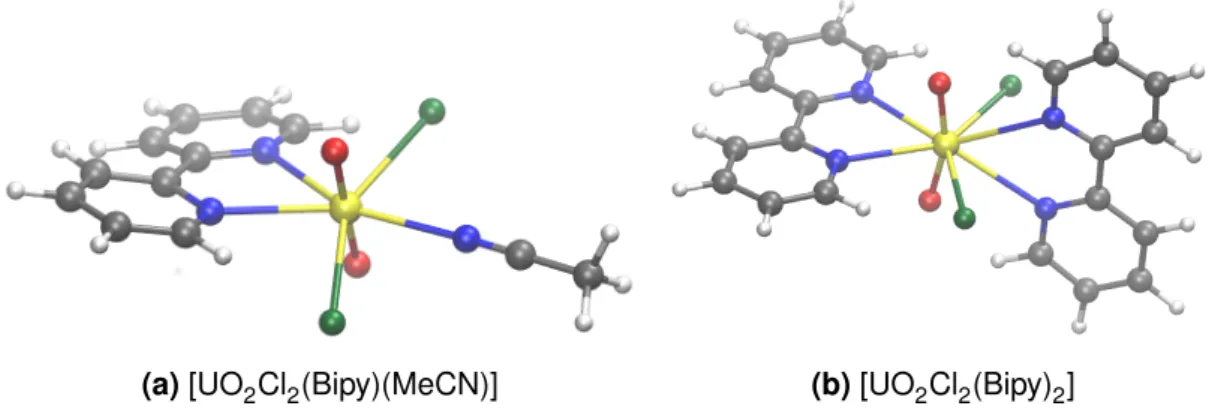 Figure 4.4: Simulated complex [UO 2 Cl 2 (Bipy)(Sol)] with Sol=acetonitrile (MeCN) (a) and the 1:2 complex [UO 2 Cl 2 (Bipy) 2 ] (b)