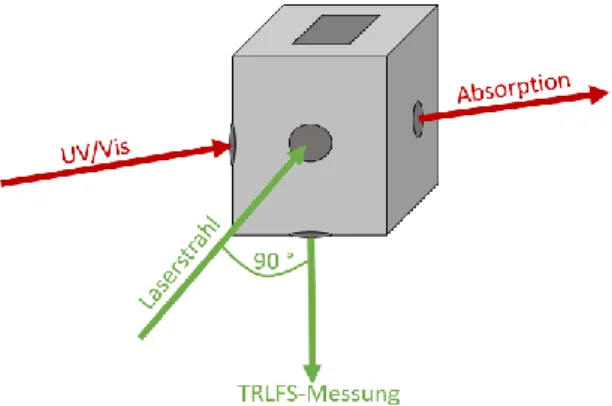 Abbildung 10: Skizzenhafter Aufbau der Messzelle für simultane Messungen von UV/Vis-Absorption und TRLFS