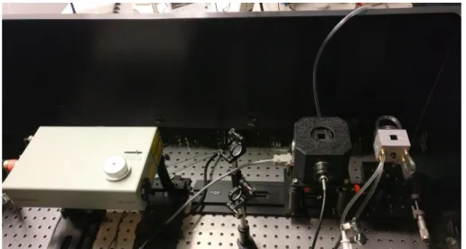Abbildung 14: Laseraufbau in der schwarzen Box (ohne Deckel) mit einer an das Kühlsystem angeschlossenen  Messzelle