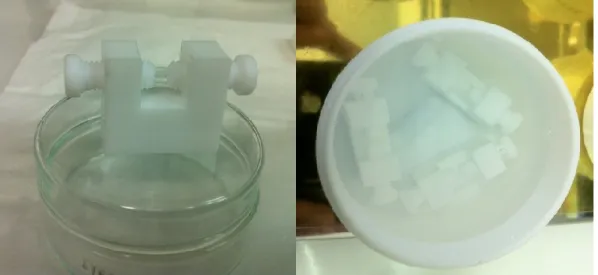 Figure 2.8: Experimental set-up for sorption experiments onto calcite single-crystals: clip  containing the trapped crystal (left) and several clips in a vial (right)