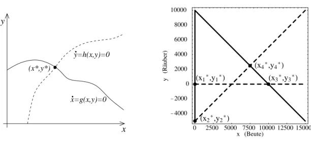 Abbildung 9: Links: Nullisoklinen f¨ ur zwei gekoppelte Differentialgleichungen (allgemeine Si- Si-tuation)