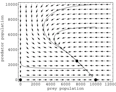 Figure 4: Phase space with vector field for the Lotka-Volterra predator-prey model (r x = 1, c x = −10 −4 , c xy = −10 −4 , r y = −0.05, c y = −10 −5 , c yx = 10 −5 ) with solutions for various starting conditions.