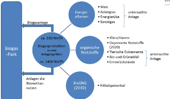Abbildung  12:  Schematische  Darstellung  der  Referenzanlagen,  die  entwickelt  und  untersucht werden, um dann im BiogasPark berücksichtigt zu werden 