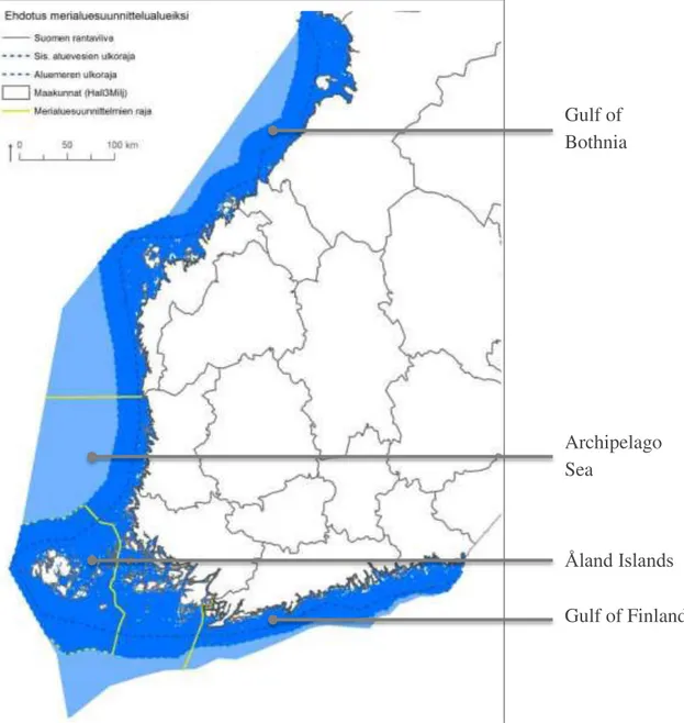 Figure 2. Marine and MSP areas in Finland (Source: MSP in Finland - Plan4Blue, Tallinn, 2017) 