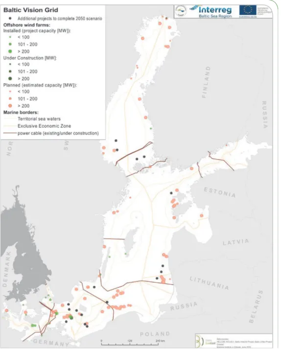 Figure 20  Map of existing   and planned OWFs   and interconnection   projects in the Baltic Sea   – status as of June 2018  [Source: Baltic InteGrid project  – Maritime Institute in Gdańsk]