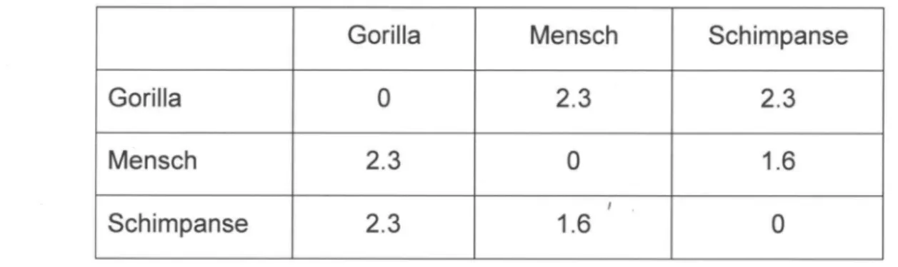 Tab.  B2  Differenz der  „Schmelztemperaturen&#34;  (in  Kelvin) artreiner und hybridisierter  DNA von Gorilla,  Mensch und Schimpanse