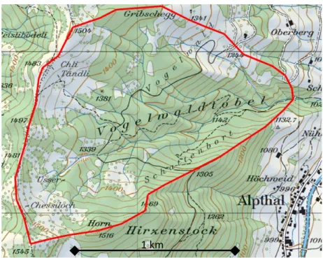 Abb.   1:   Einzugsgebiet   Vogelbach    (Alptal,   Kt.   SZ).   Grösse:   1.55   km 2 