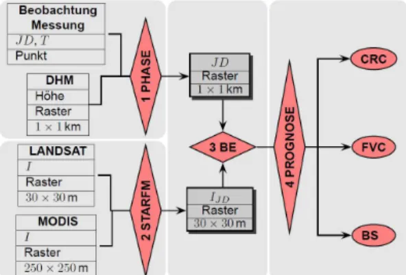 Abb. 1: Fließdiagramm zur Kopplung von modellierten phänologischen Flächendatensätzen und  simulierten Satellitenbildzeitreihen als Grundlage für die Schlag- und Phasen-spezifische 