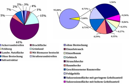 Abbildung 1: Relative Anteile der Flächenklassen (li.) und der Bestockungsklassen (re.) für die  Gesamtfläche Niedersachsens 