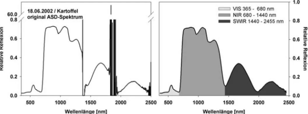 Abbildung 1: Ein Mittelwertsreflexionsspektrum mit Wasserabsorptionslinien (links) und nach  deren Entfernung mit Unterteilung in die Spektralbereiche des XYZ-Plots (rechts)