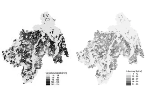 Abb. 2: Rasterbezogene regionale Verteilung von Sickerwasserabfluß (links) und Stickstof- Stickstof-faustrag (rechts) auf den Agrarflächen des Einzugsgebietes der Ücker (Szenario 1)