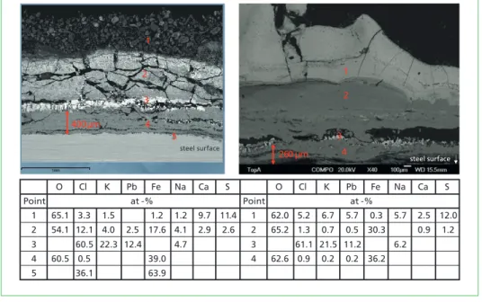 Figure 4:  Cross-sections and analyses points of the hot and cooler flue gas corrosion probe, wind  side