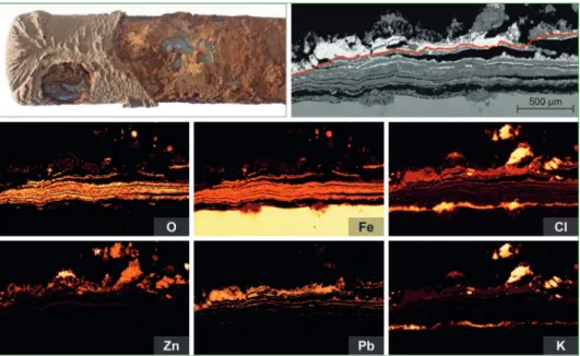 Figure 4:  Corrosion scales of a Puff-Pastry-Type; after only 300 h of exposition to firing conditions  a strong stratification has evolved with thin iron oxide layers and intercalated lead salts; 