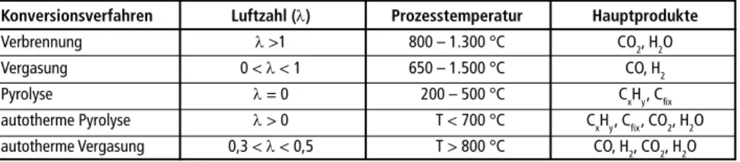 Tabelle 1:   Charakterisierung thermo-chemischer Umsetzungsprozesse [6]