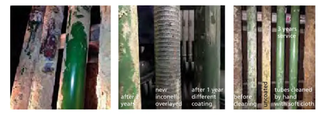 Figure 13:   Tubes after one year and after three years before and after cleaning the ash by hand with  a glove