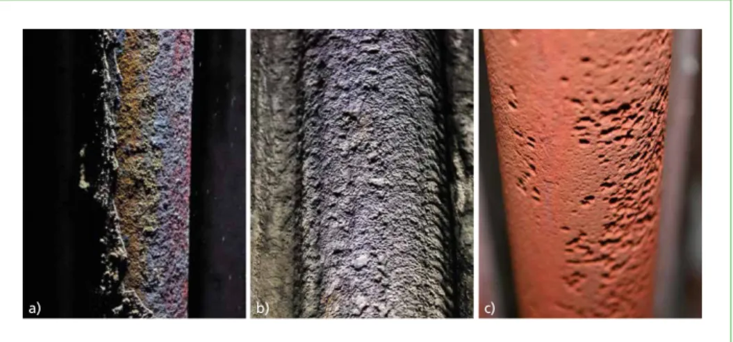 Figure 1:   Tube surfaces with different corrosion mechanisms: a) high temperature corrosion on  a superheater tube; b) salt melt corrosion on a tube cladding (alloy 625) in the 1st pass; 