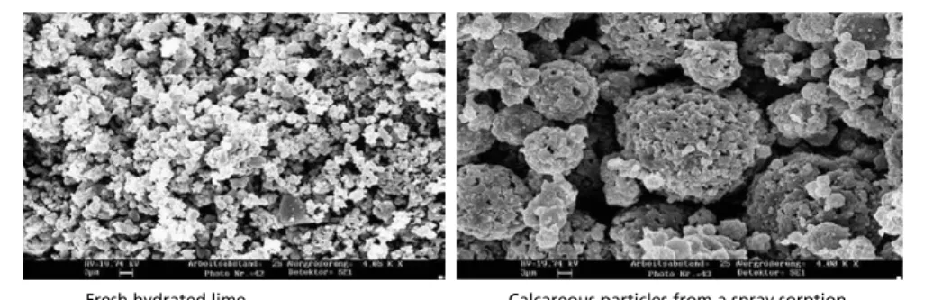 Figure 2:  Surface structure of Ca(OH) 2 , upstream and downstream of the spray absorber