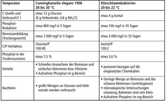 Tabelle 4:  P-Elimination mit Pilzkulturen (C. elegans) und Klärschlammbakterien Temperatur  Cunninghamella elegans 1908  Klärschlammbakterien 