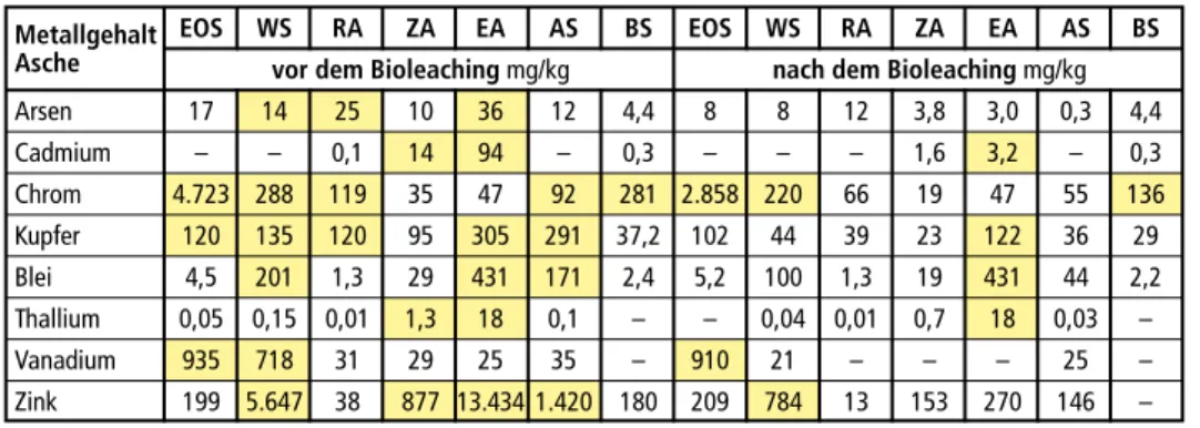 Tabelle 1:  Metallgehalt vor und nach Bioleaching