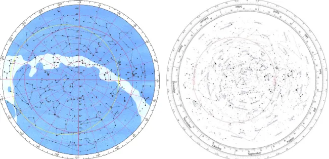 Abbildung 3:  Die mittels stereografischer  Zentralprojektion erzeugten Grundscheiben drehbarer  Sternkarten, die für  Beobachtungsorte bei    = 52° n