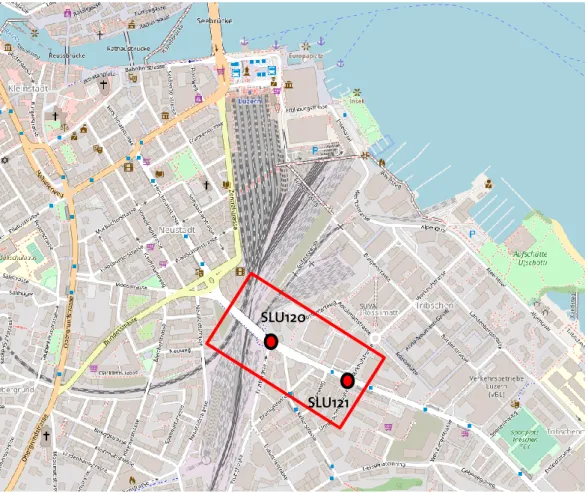 Abbildung 1: Umgebungskarte mit dem Untersuchungsgebiet markiert in Rot. Die analysierten Knoten sind  mit roten Punkten gekennzeichnet (Open Street Map, 2020)