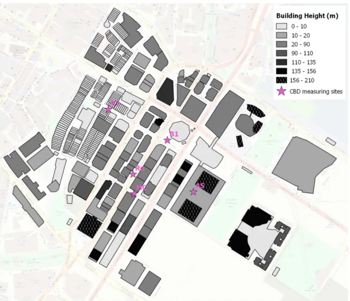 Fig. 4 Location of the selected sites for the measurement campaign in CBD Area 