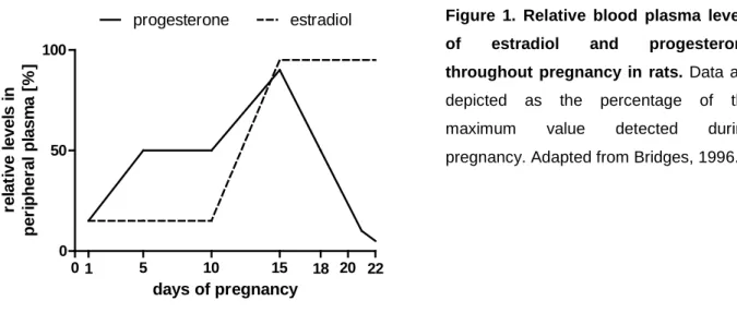Figure  1. Relative blood plasma levels  of estradiol and progesterone  throughout pregnancy in rats