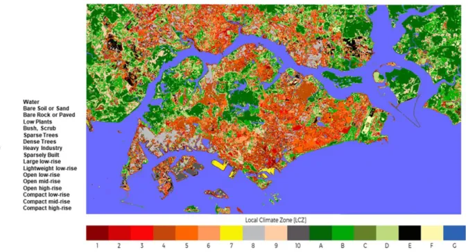 Figure 6 -  Local Climate Zone map developed for Singapore. LCZs 1-10 indicate built types, while LCZs  A-G indicate land cover types