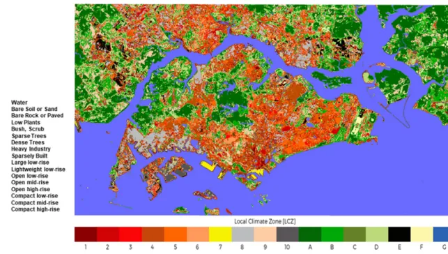 Figure 6 -  Local Climate Zone map developed for Singapore. LCZs 1-10 indicate built types, while LCZs  A-G indicate land cover types