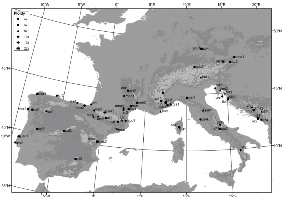 Figure 9 - Map showing sampling localities of all polyploid individuals used in this study